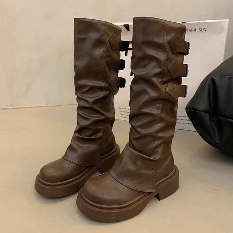 Designer Platform Leather Knight Boots for Women Fashion Soft-soled Women's Knee-high Boots Spring Autumn Casual Shoes Female