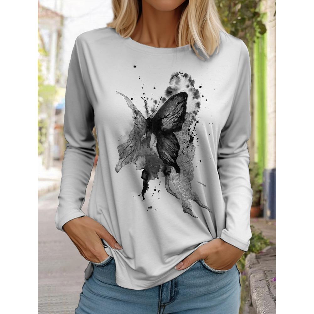 Hauts blancs à manches longues pour femmes hauts décontractés à col rond impression 3D papillon impression à l'encre mode femme T-shirt à manches longues