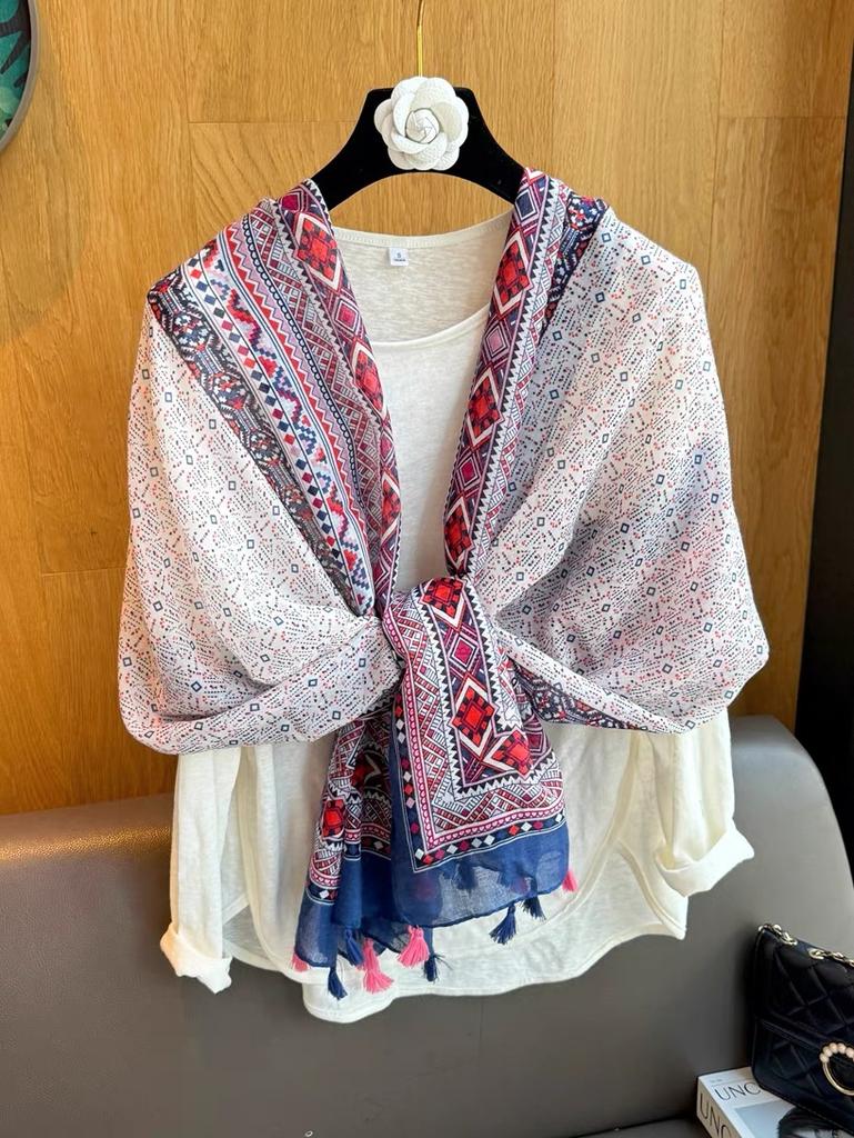 Women'S Floral Print Scarf 180X90Cm Warm Fashion Shawl With Tassels Lightweight Rectangular Sand-Proof Beach Wrap Muslim Hijab