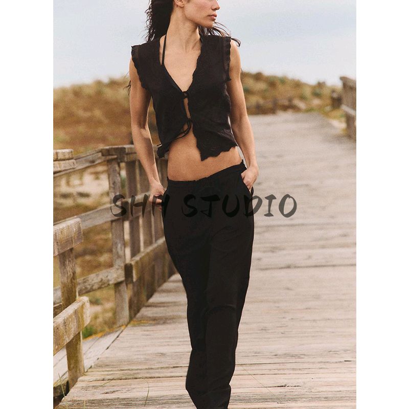 Spring and Summer New Women's Clothing Minimalist Wind Easiest for Match Bows Cotton Blend Embroidered V-neck Sleeveless Tops 0881017