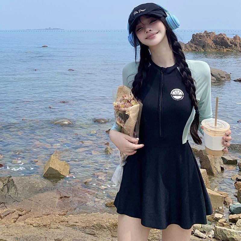 

One-piece Skirt Swimsuit Women s Ins Sporty Style Long Sleeves Cover Belly Showing Slimming Conservative Student Girl Swimming On Vacation M