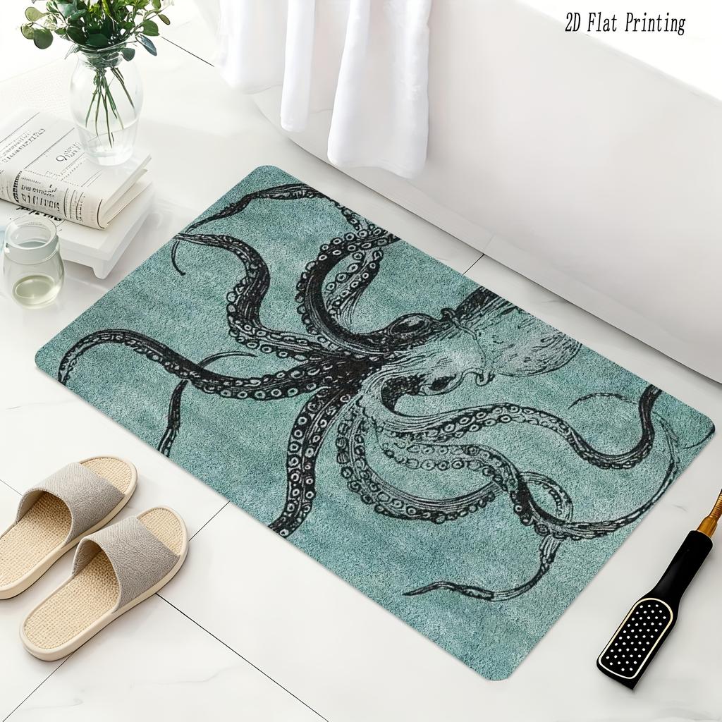 Blue Octopus Artistic Non-Slip Floor Mat Absorbent Washable Decorative Area Rug for Bathroom Shower Wash Basin Toilet