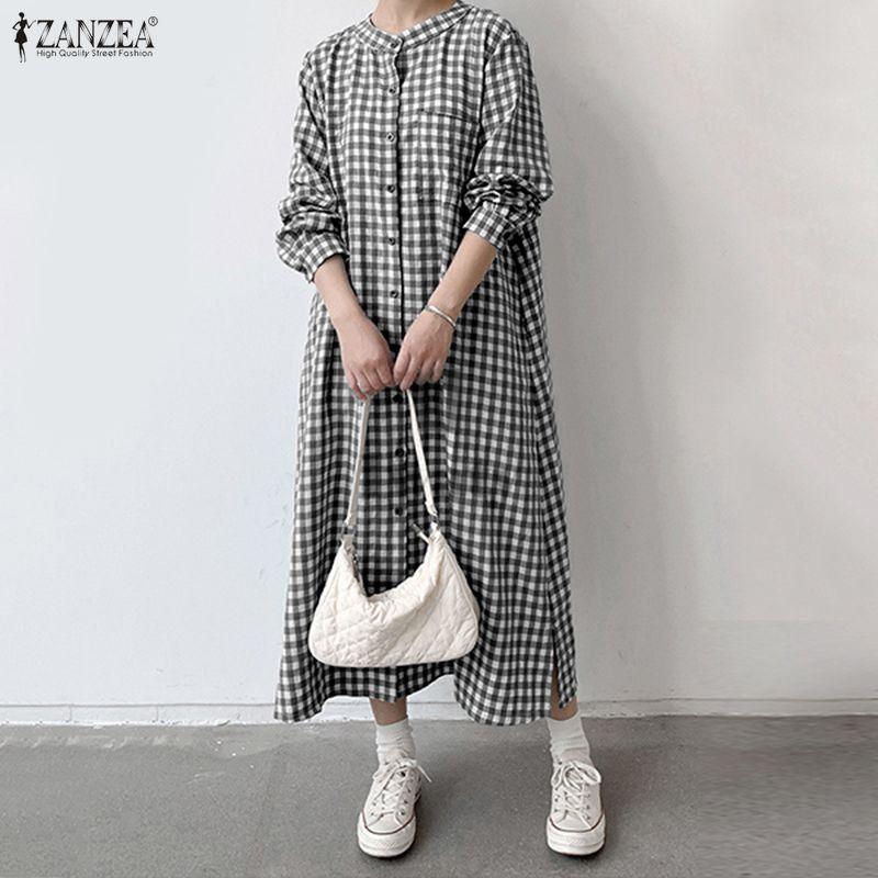 ZANZEA Women Casual Round Neck Long Sleeve Loose Plaid Print Long Dress