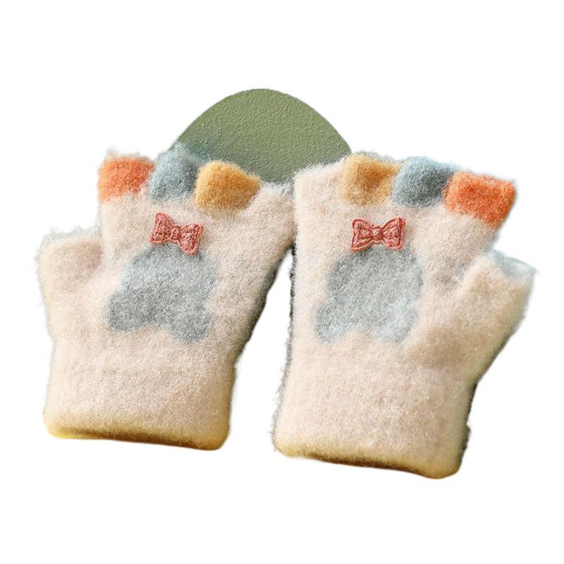 Cartoon Cute Half-Finger Knitted Baby Gloves for Toddlers (0-2 Years), Autumn & Winter, Plus Velvet