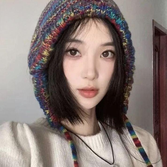 Autumn and Winter Colorful Woolen Hats for Women Korean Style Face Showing Small Knitted Hats with Straps To Keep Them Warm and Ear Protecting.
