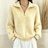 Womens Faux Mink Fur Collar Zip Pullover Sweater Loose Casual Knit Top 2026 Fall