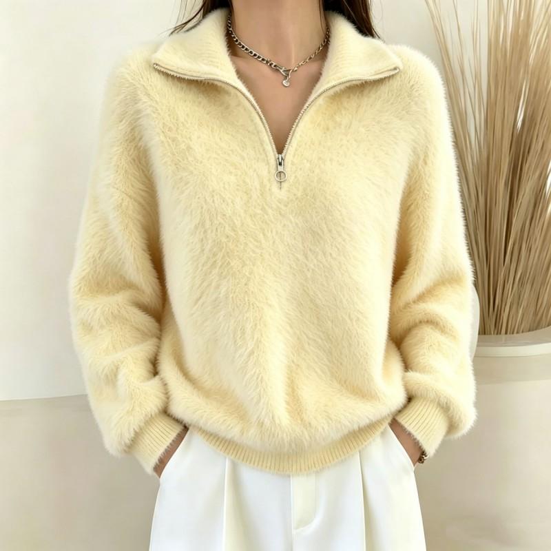 Womens Faux Mink Fur Collar Zip Pullover Sweater Loose Casual Knit Top 2026 Fall