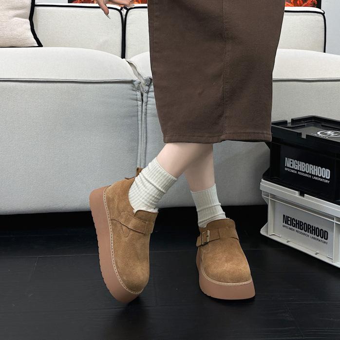 Leather retro women's autumn and winter models, leather velvet thickened warm fluffy shoes, platform casual cotton shoes