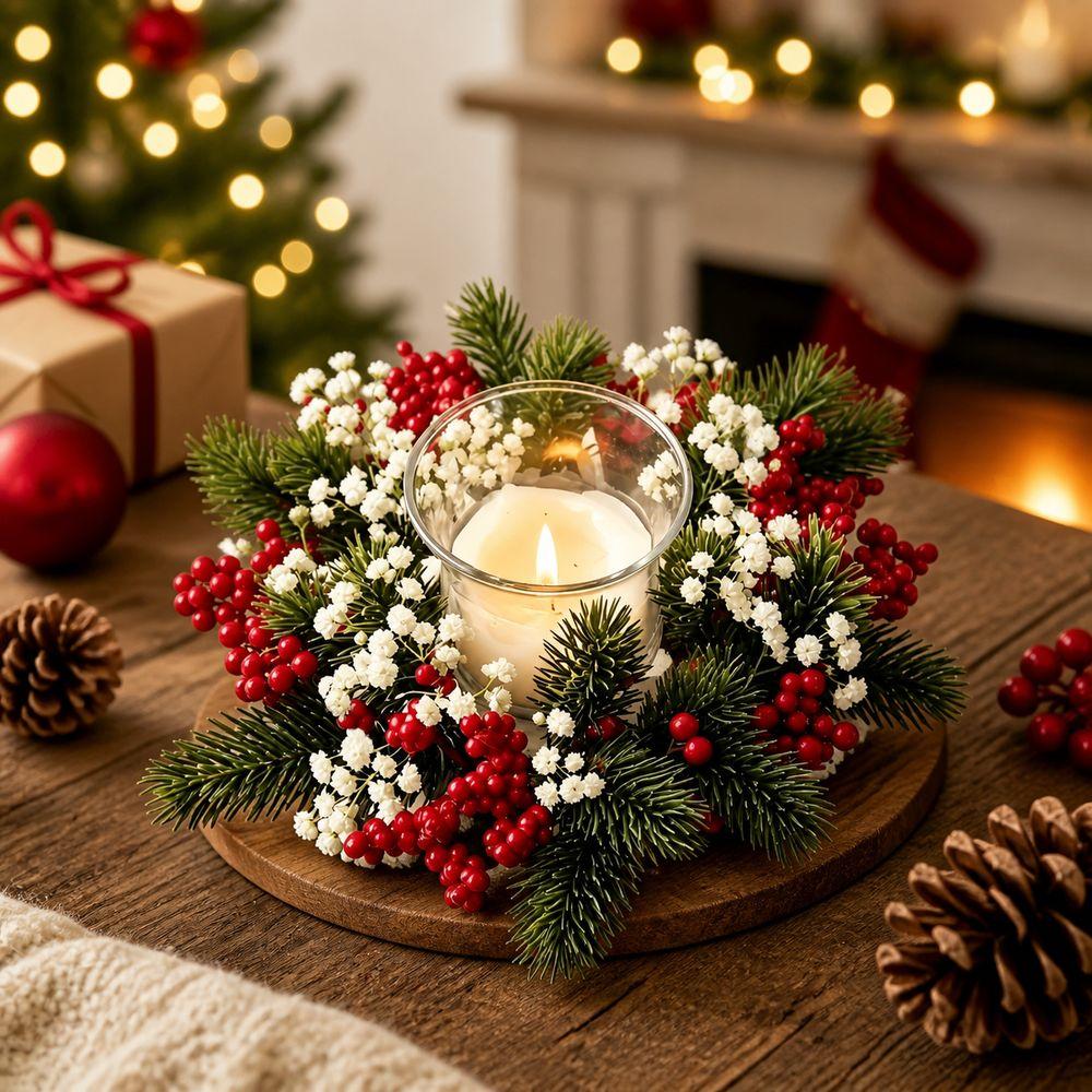 Red Berries Christmas Wreath Artificial Pine Holiday Centerpiece Christmas Table Decor