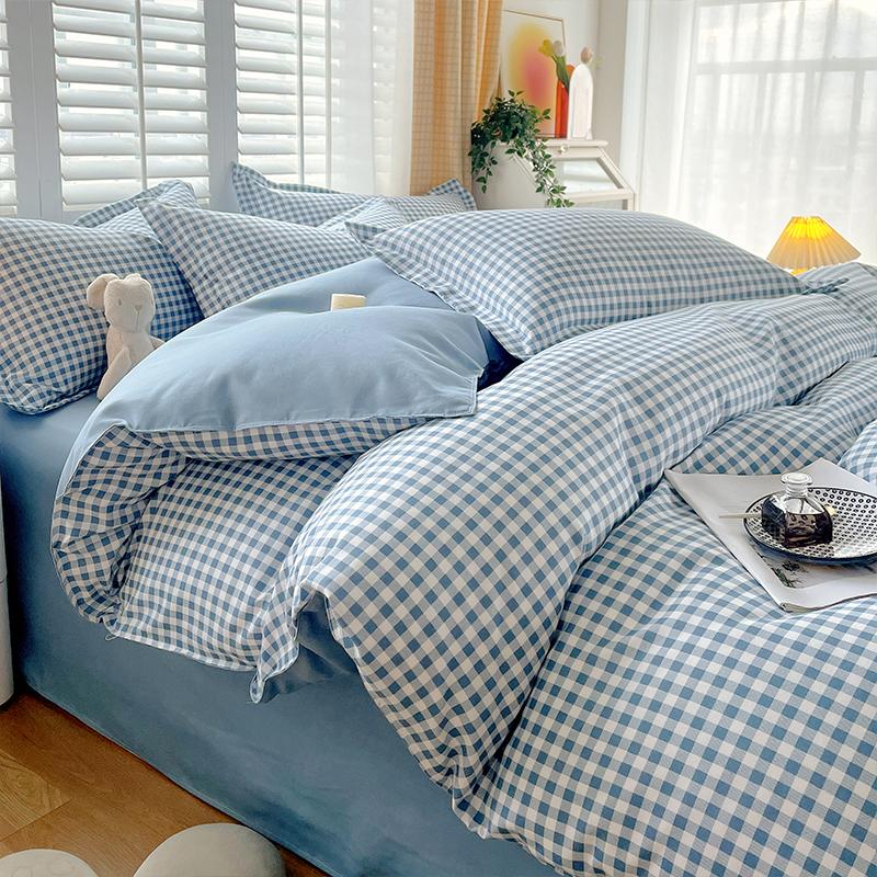 Soft Color Block Checkered Bedding Set Comfy 100% Washed Cotton Blue Plaid Duvet Cover Set King Queen Size Comforter Cover Sheet