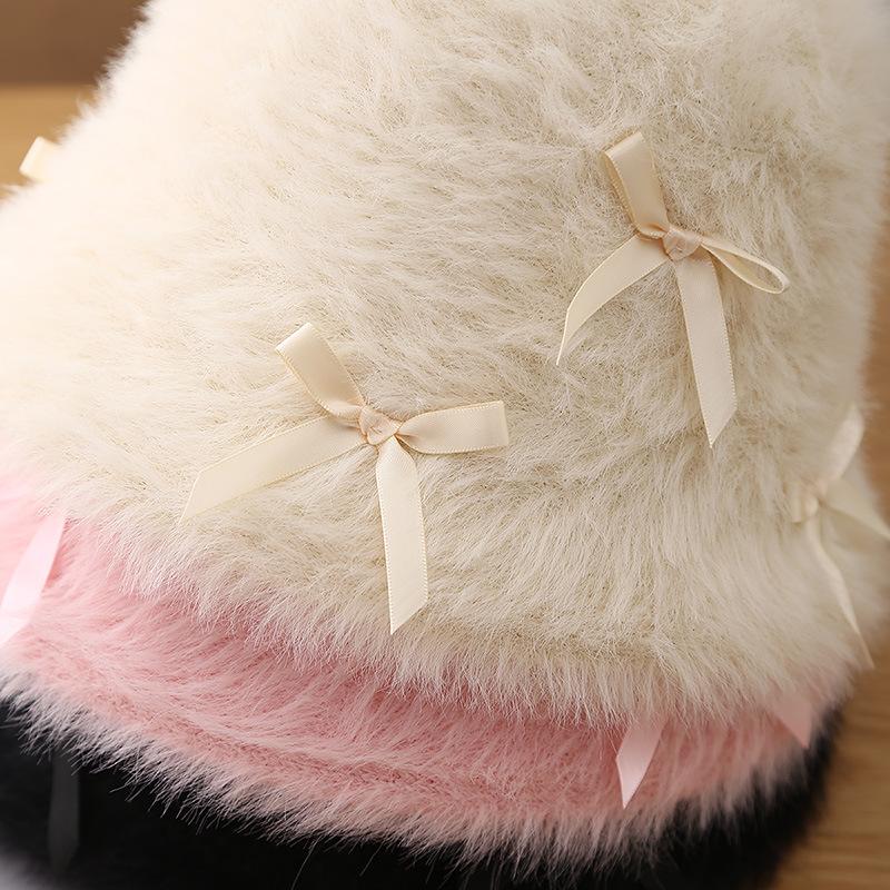 Sweet Bow Plush Bucket Hat Schoolgirl Cute Bucket Hat Winter Foldable Fashion Basin Hat
