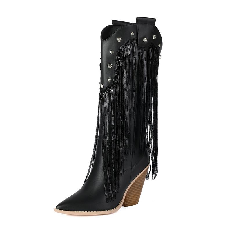 Fashion Ivory Rose Color Pointed Toe Western Cowboy Boots with Sequins Fringes Chunky High Heels Knee-high Glitter Mid-calf Boot Shoes