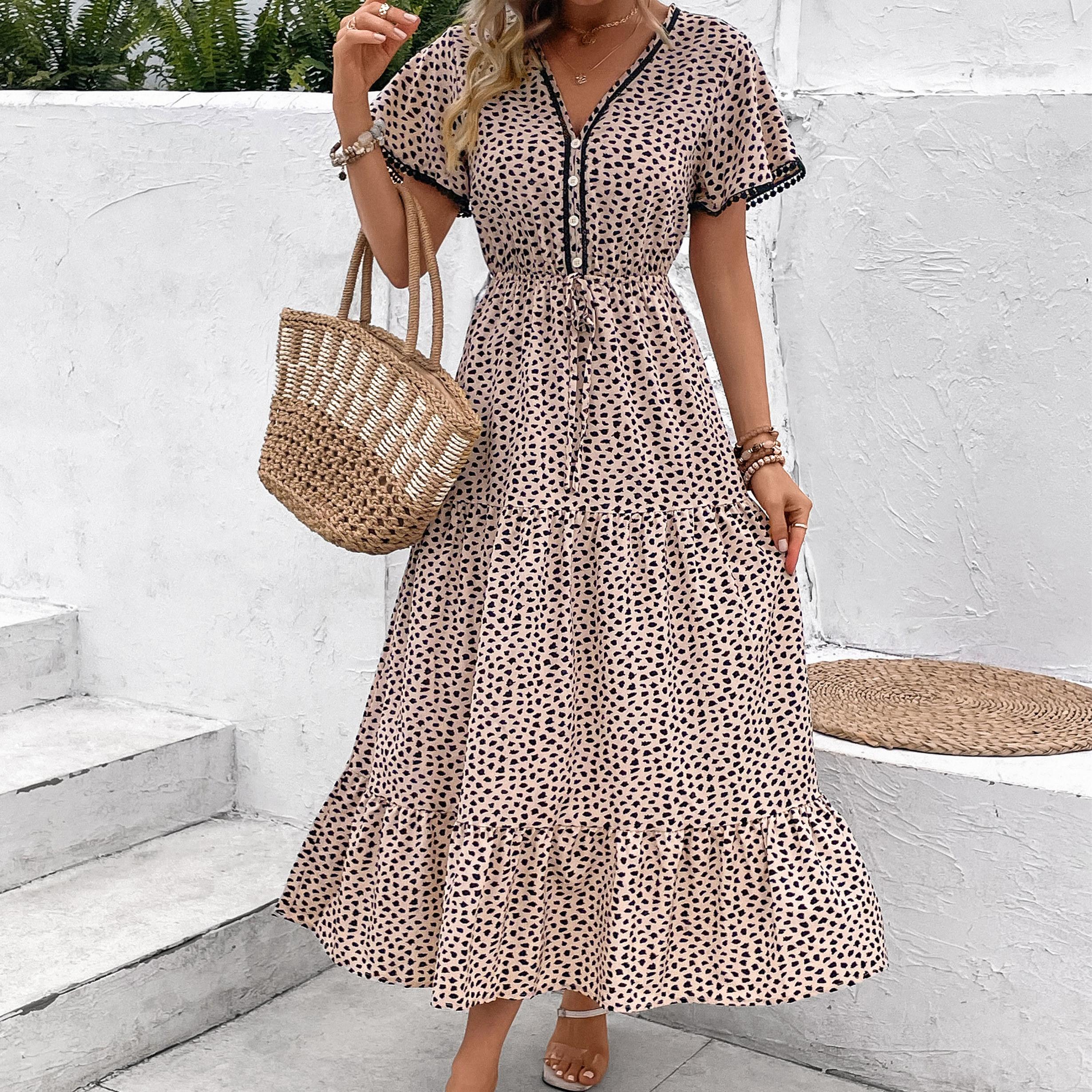 

YYFS женская мода лето весна леопардовый принт с короткими рукавами и v-образным вырезом повседневные платья M