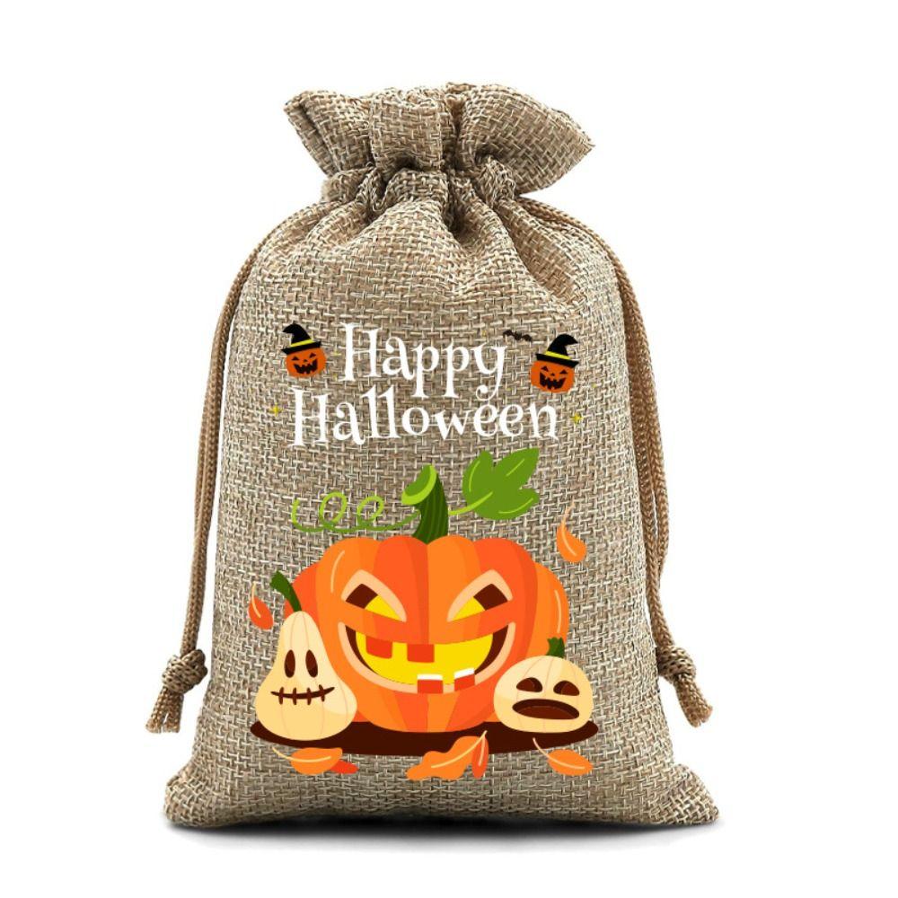 12Pcs Pumpkin Ghost Halloween Linen Drawstring Bags Handheld Portable Trick or Treat Candy Bag Creative Party Prop