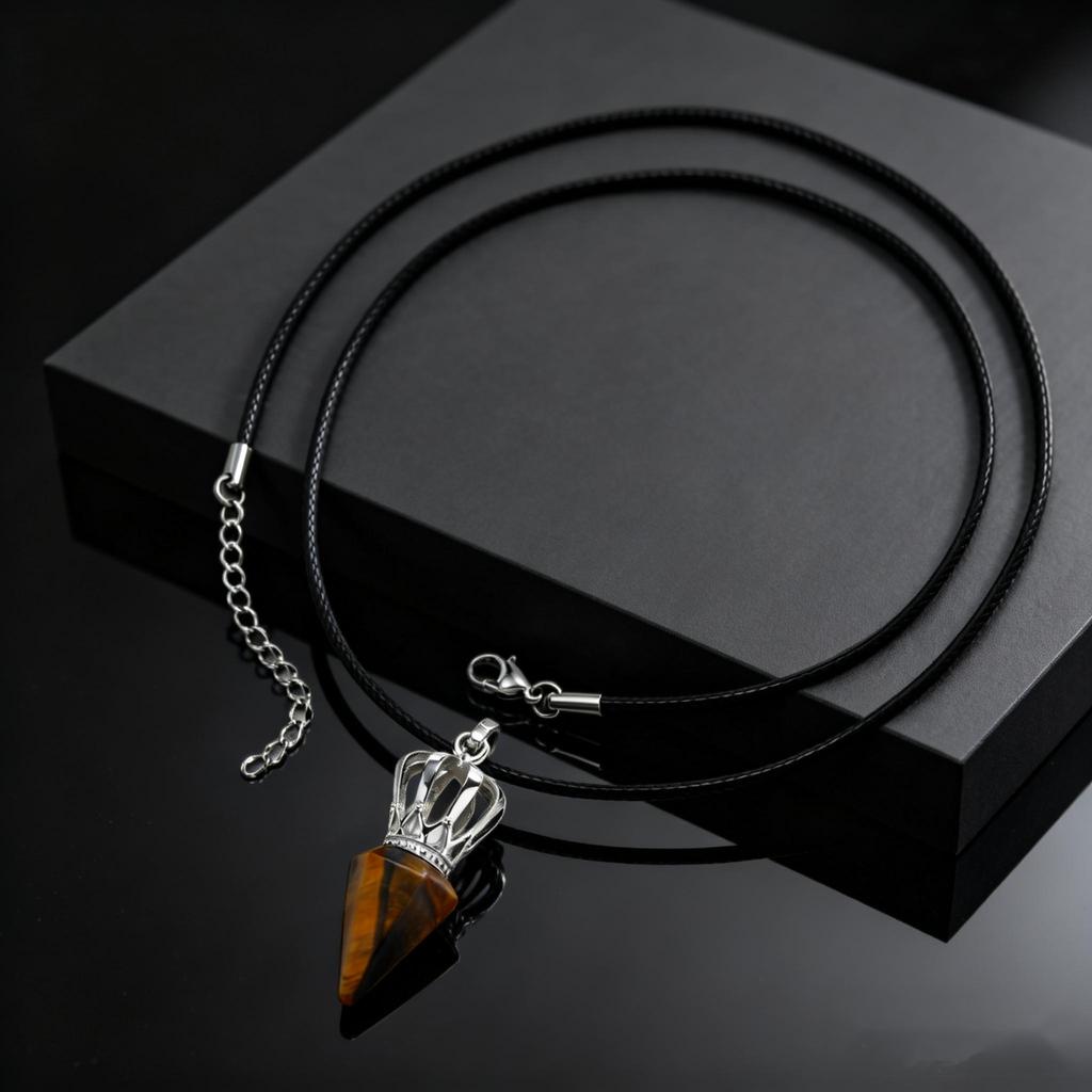 Modischer Zapfen Natürlicher Stein Anhänger Achat Tigerauge Stein Edelstahl Krone Verstellbares Seil Halskette Stilvoller Schmuck für Männer