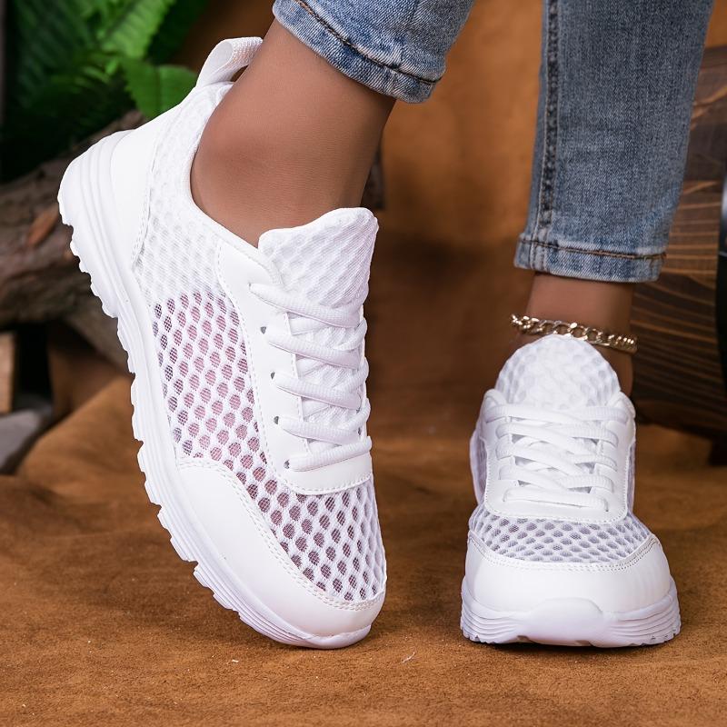 [Breathable Sneakers] Breathable Mesh Women's White Casual Sneakers | Summer Low-Top Lace-Up Shoes with EVA Cushioned Sole