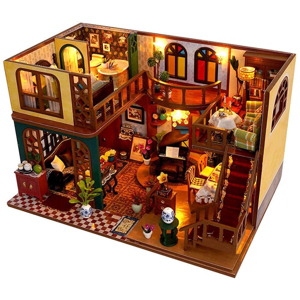 Moin Moin Dollhouse Miniature DIY Kit with English Instructions Antique Retro Stained Glass Piano Lamp LED Light and Acrylic Case
