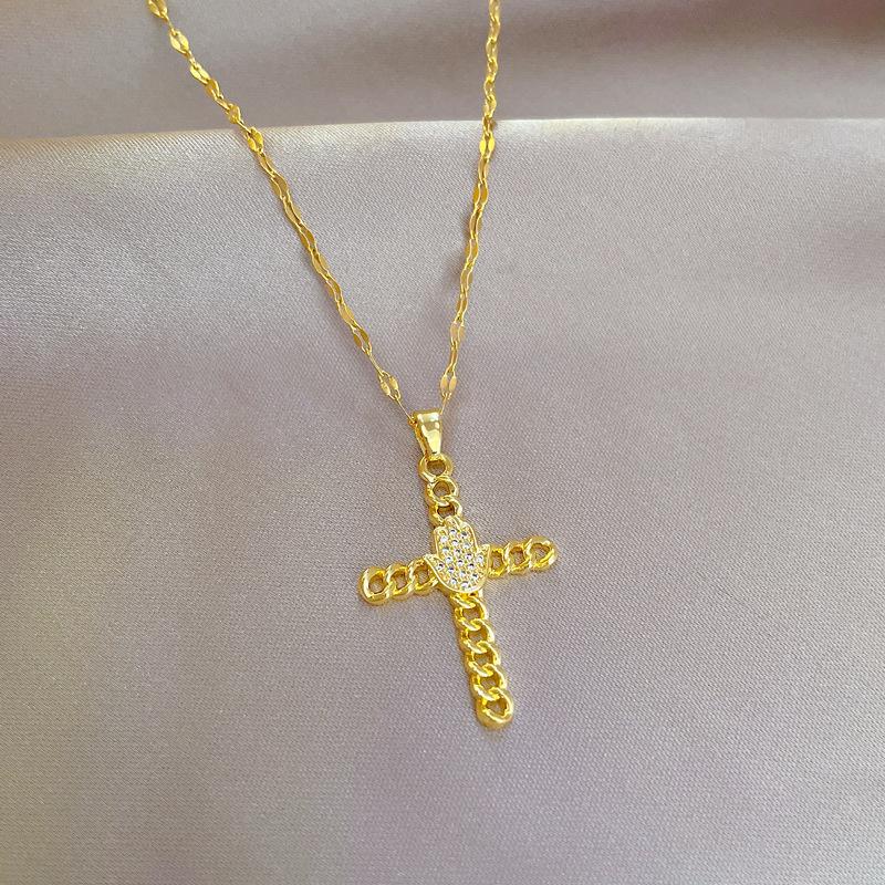 Titanstahl Leichter Luxus Kreuz Handfläche Voll Mit Zirkonia Inlay Mit Echtsilber Kette Damen Schlüsselbein Kette Mit Schmuck