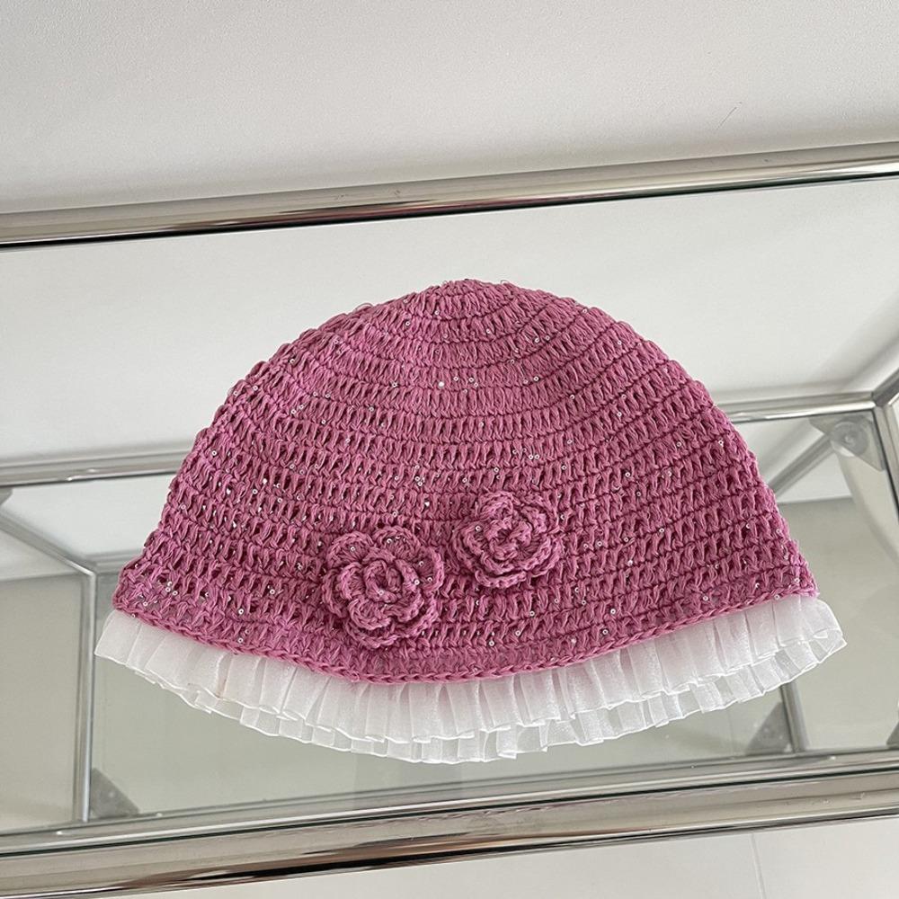 Hollow Out Lace Beanies Hat Glitter Sequin Knitted Hat Cute Crochet Flower Hat  Apparel Accessories