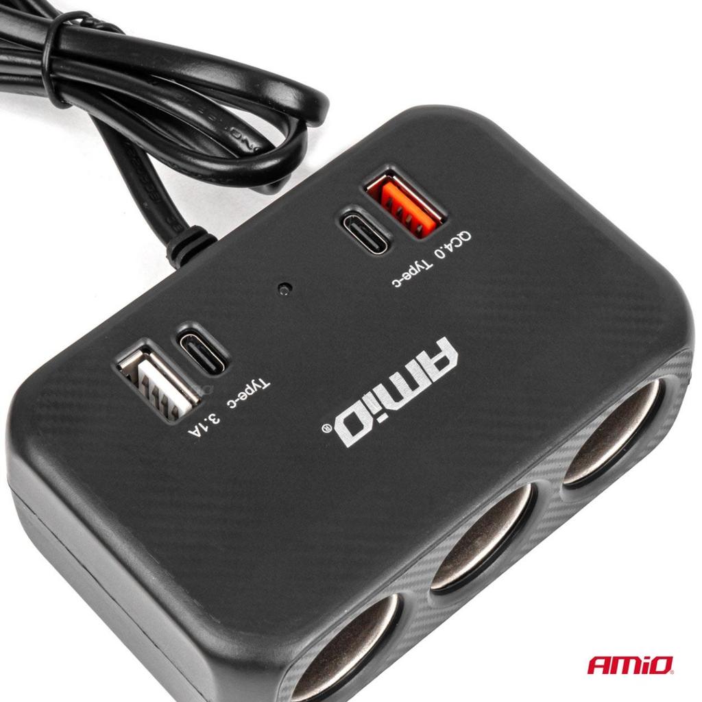 Cigarette Lighter Socket Splitter with Charger 1x USB-A 1x USB-C QC4.0 12V 24V 120W 80cm AMIO-04365