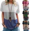 Spring Summer Women's Color Blocked T-shirt Pocket Round Neck Short Sleeve Loose Top