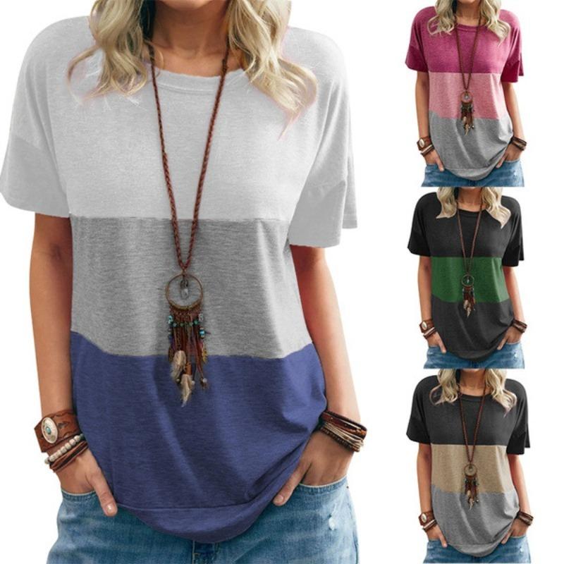 Spring Summer Women's Color Blocked T-shirt Pocket Round Neck Short Sleeve Loose Top