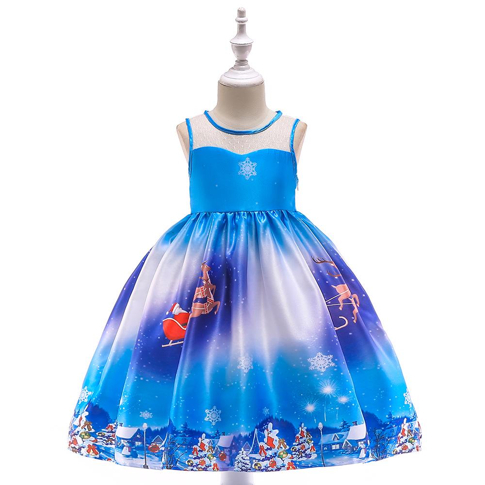 Christmas Children'S Dress Cartoon Printed Satin Cloth Performance Christmas Dance Performance Dress