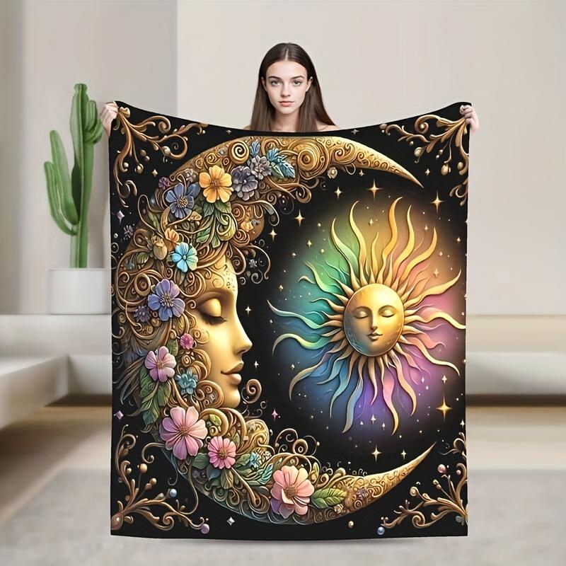 Dreamy Starry Harmony Throw Blanket Multi-purpose Light Flannel for SofaBedTravelOffice Bohemian StyleSun andMoonPrintAll Season