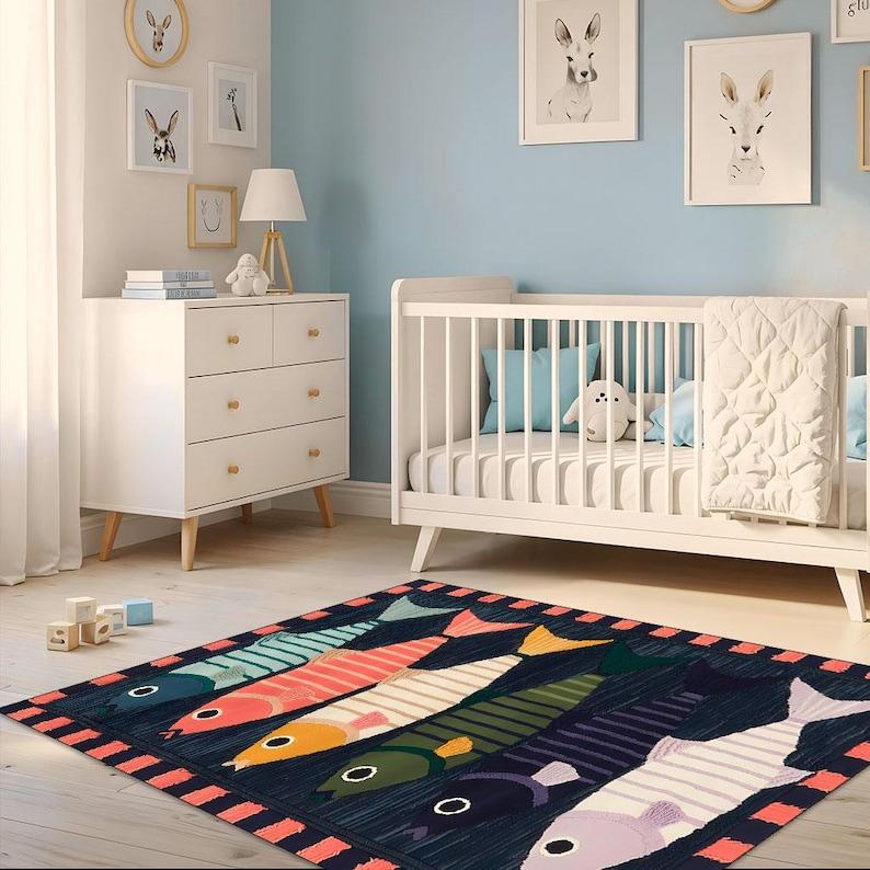 Colorful Fish Rug Striped Design Navy Background Coral Border Vibrant Kids Room Playroom Carpet for Home Decor Floor Mat
