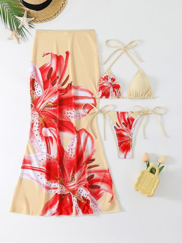 2026 European & American Women's Printed Long Skirt Split Bikini Three-Piece Swimsuit