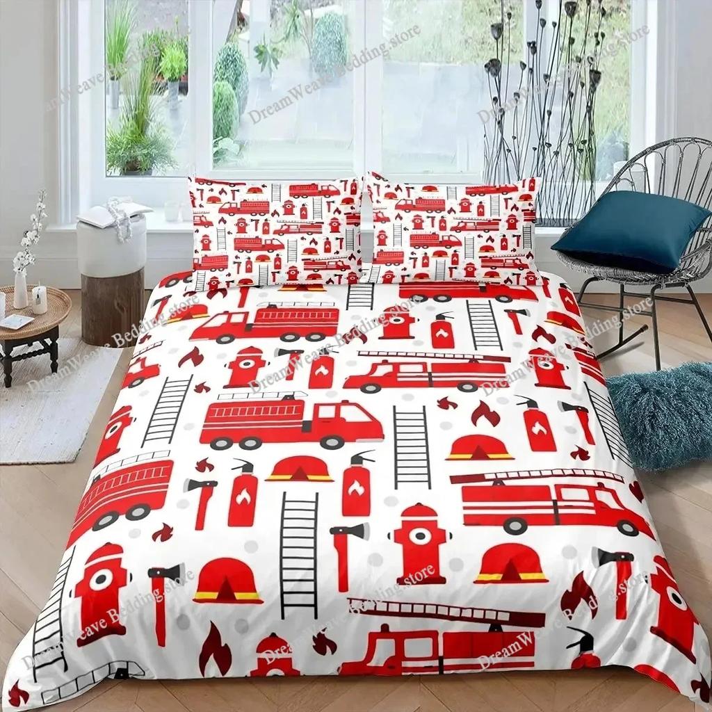 Firefighter Car Duvet Cover Set,Fire Truck Bedding Set King, Honeycomb and Fire Comforter Cover Fire Engine Vehicle Quilt Cover