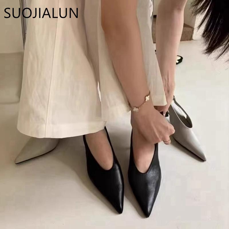 Fashion SUOJIALUN 2025 Summer New Brand Women Sandal Fashion Pointed Toe Shallow Ladies Elegant Slingback Shoes Thin Med Heel Pumps