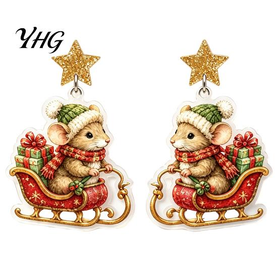 Christmas Mouse Earrings 1 Pair Cute Acrylic Earrings, 2D Flat Cartoon Animal Dangle Holiday Party Accessories Drop for Women, Glitter Star