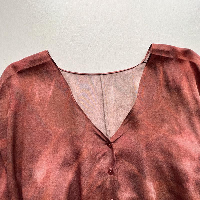 Elegant Burgundy Silk Wrap V-Neck Dress with Mid Sleeves