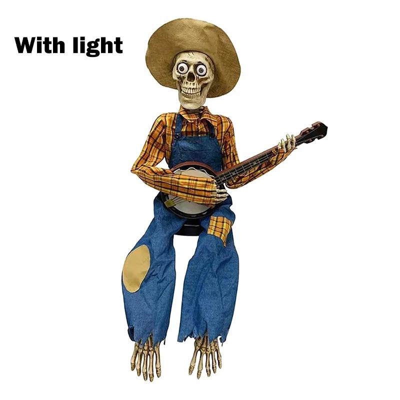 40CM Vtipné animované kostlivci hrající na banjo s červenýma LED očima Halloweenské houslové kostlivé ozdoby Kytarová lebka Dekorativní ozdoby