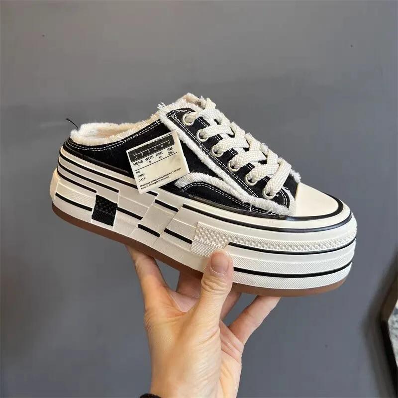 Women's Slippers Canvas Platform Sole Lace-up Decoration Round Toe Women's Mules Leisure Dress One Kick 2025 Zapatillas De Mujer