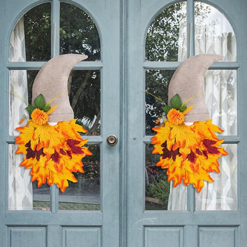 Harvest Gnomes Figure Maple Leaf Flower Fall Wreath Hanging Sign Ornament for Farmhouses Front Door Wall Decoration