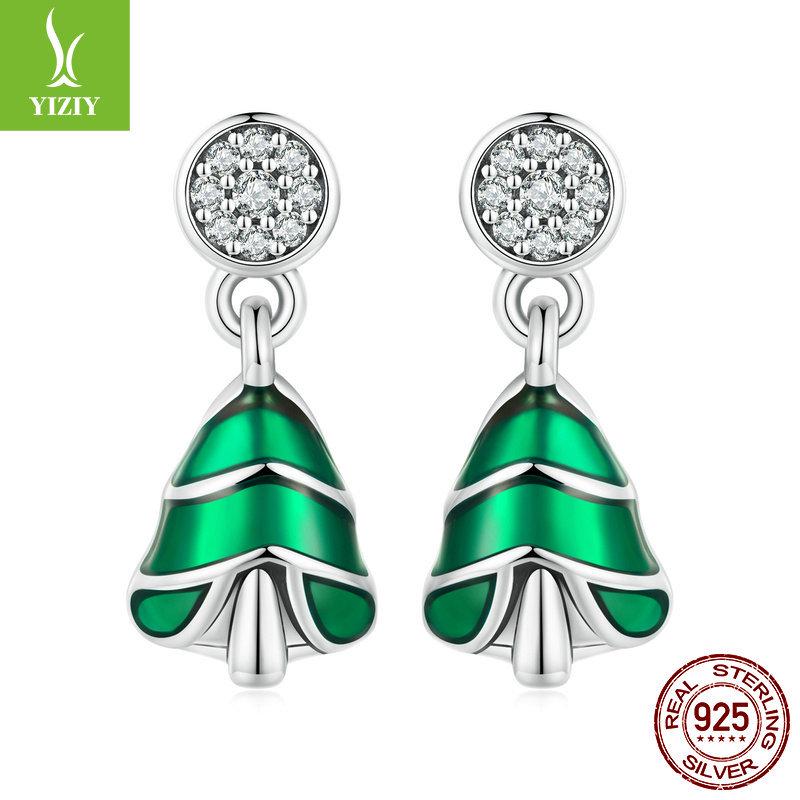 

Yinziyun Christmas Tree Sterling Silver Stud Earrings for Women - Trendy Green Enamel Holiday Jewelry. 925 Sterling Silver