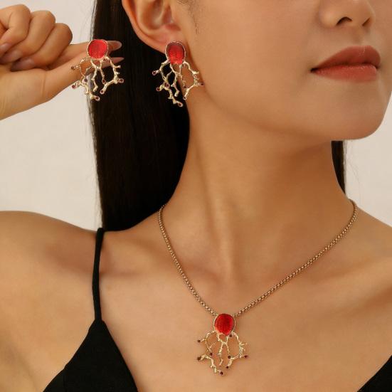 Faux Red Coral Drop Earrings And Necklace Textured Alloy Jewelry with Red Enamel Zircon Accents Unique Ocean-Inspired Design Gift for Women
