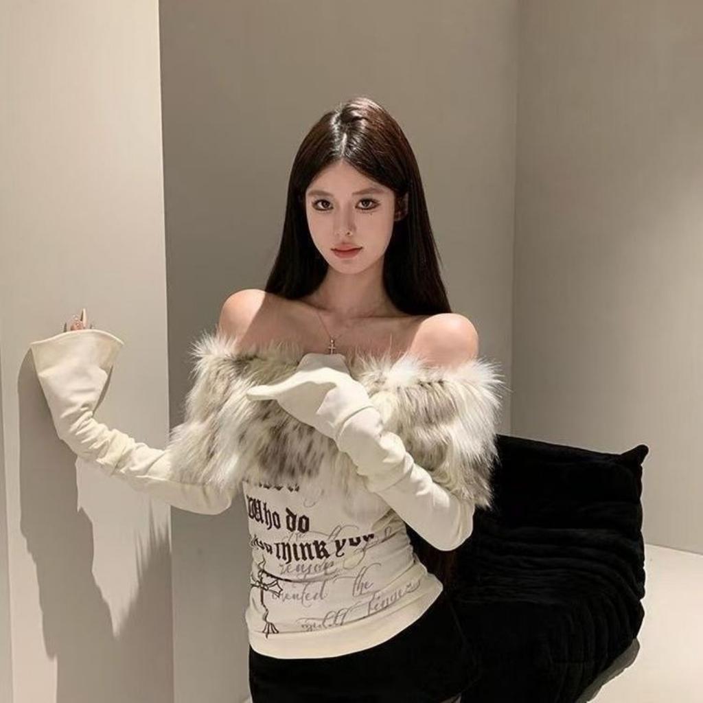 VAYLA Fur Collar One-shoulder Long-sleeved Women Slim-fit Printed Pattern Off-shoulder Short Top Trendy Hot Girl Winter T-shirt Women