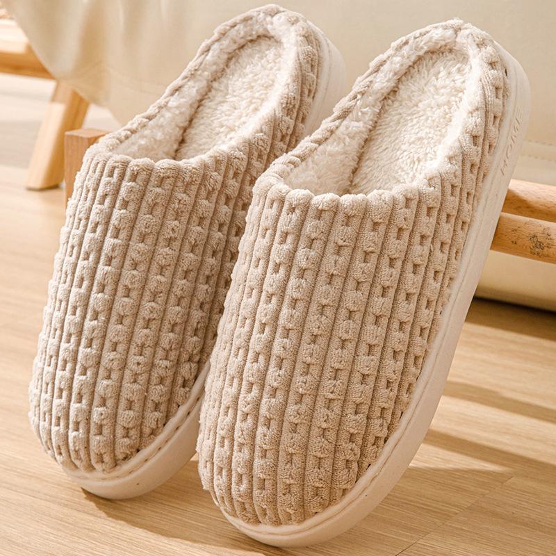 Plaid Cotton Slippers Men's Winter New Velvet Warm Inner Cotton Drag Couple Cotton Shoes Non-slip Silent Wool Slippers