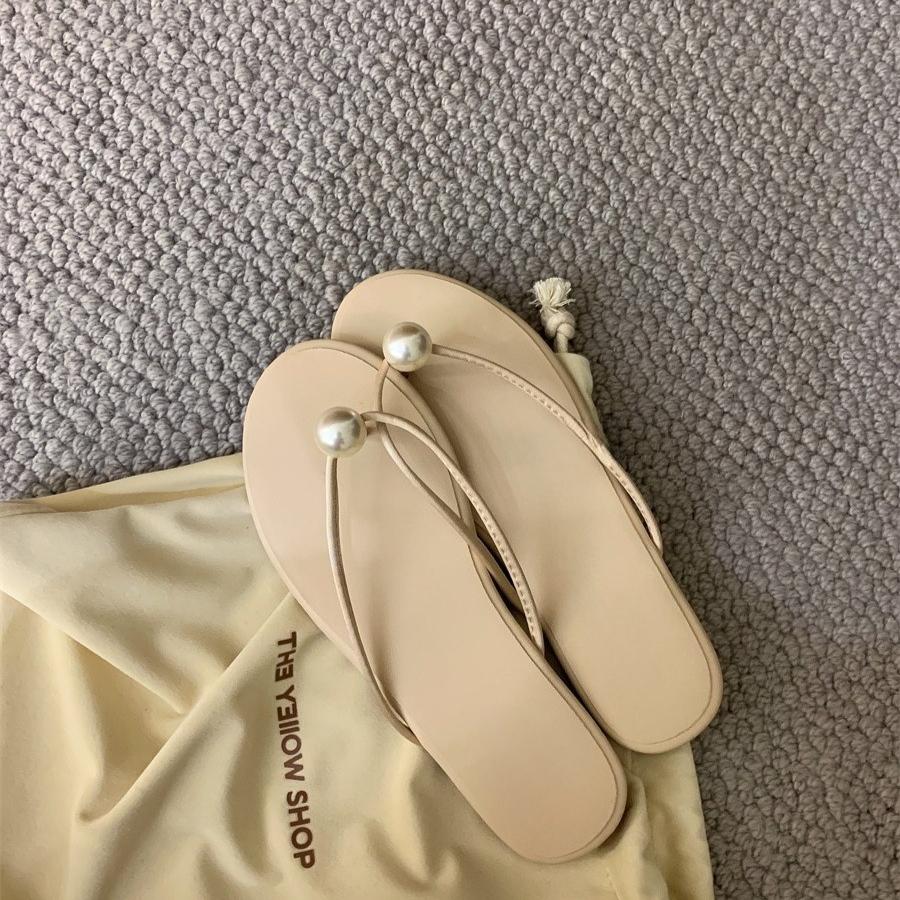 

Мода 2025 Жемчужные шлепанцы-стринги Женская уличная обувь Противоскользящие INS Пляжные Вайоны Пляжные шлепанцы на плоской подошве Летние крутые шлепанцы 39 абрикосовый