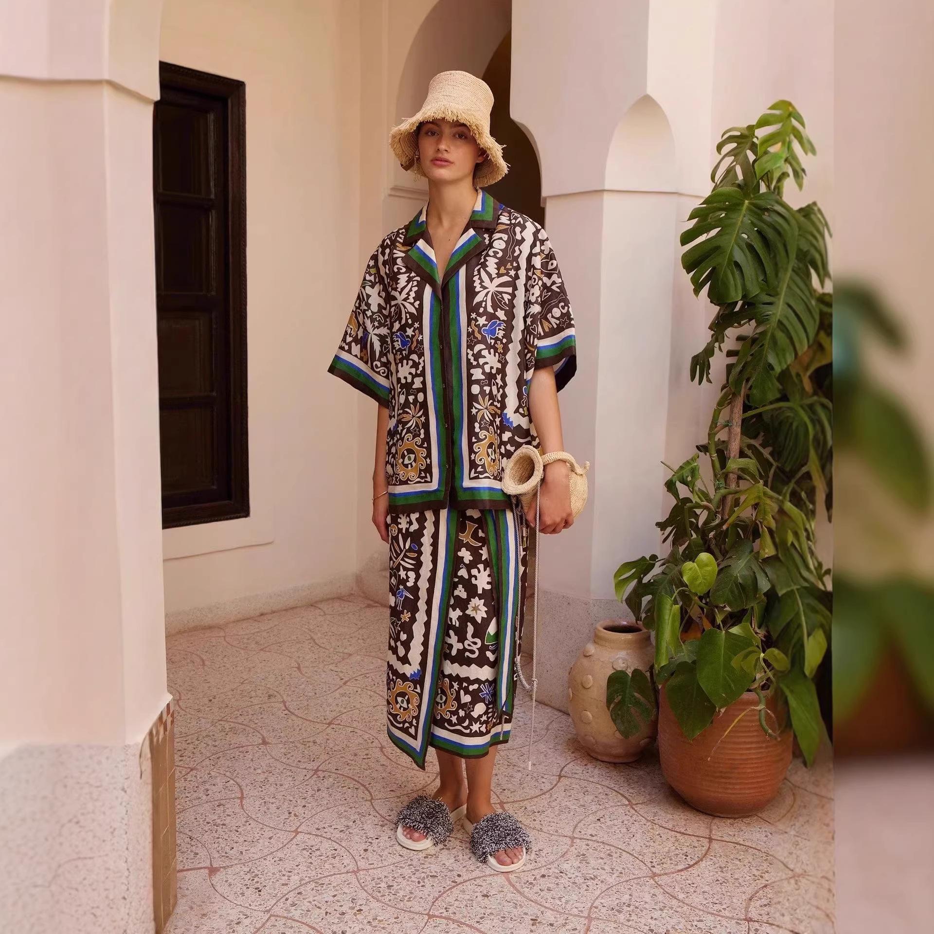 2026 Fashion Print Linen Suit Skirt - European/American Casual Vacation Style M