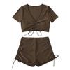 Sexy Drawstring Beach Party Bikini Set 2025 Women Green Black Short Sleeve Two Piece Swimsuit Summer Bathing Suit Pleate High Waist Swimwear