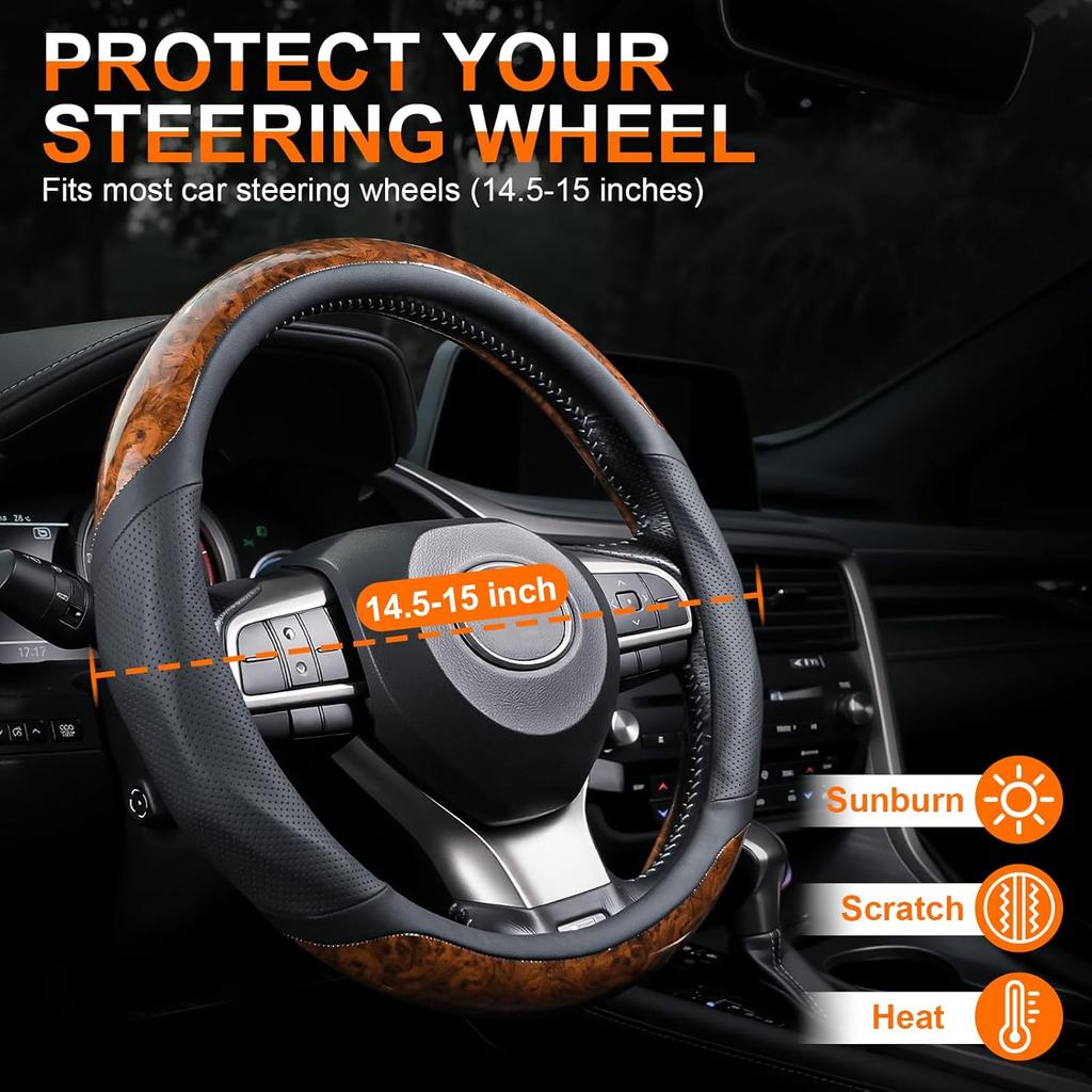 JUSTTOP Wood Grain Car Steering Wheel Cover, 14.5-15 Inchs Leather Steering Wheel Cover, Anti-Slip, Car Interior Accessories for Men Women, Universal