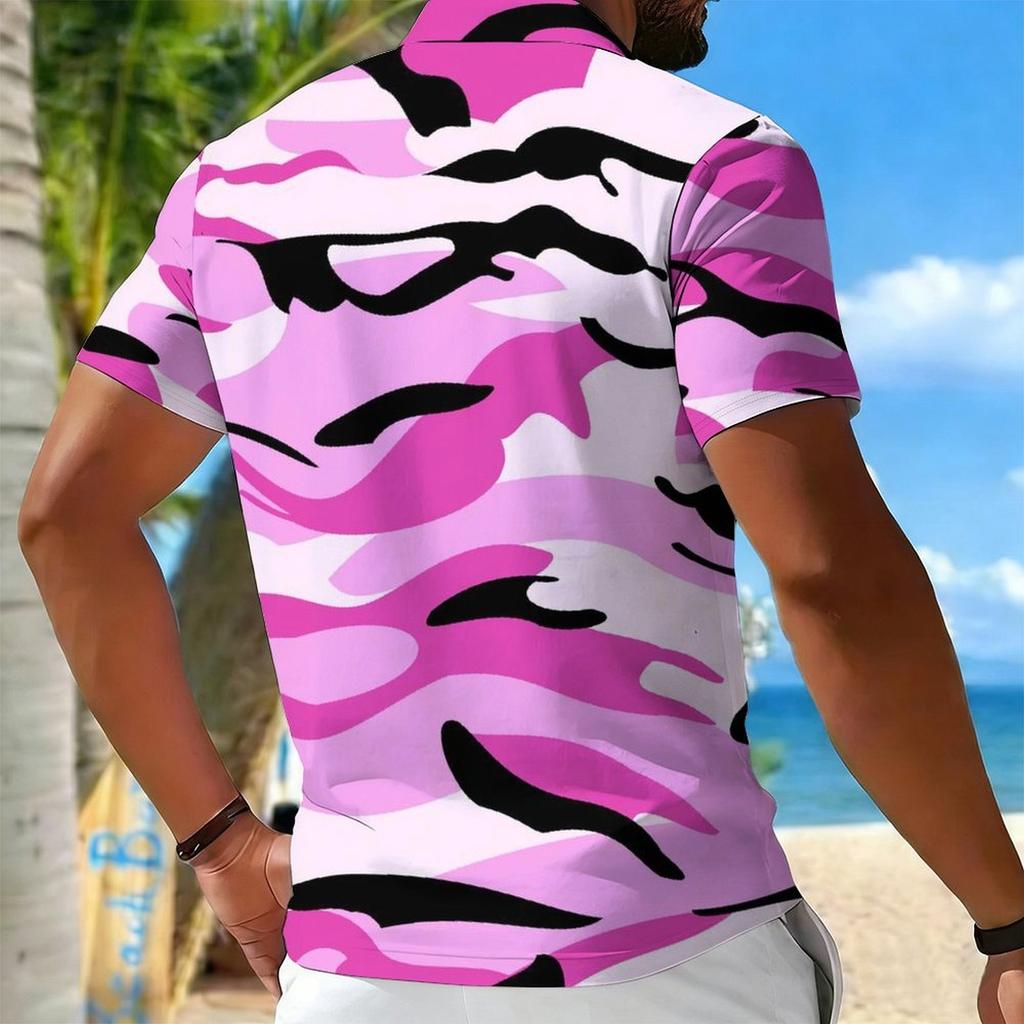 Women Short Sleeve Polo Shirt Pink White Black Camouflage Print Half Zip Lapel Top