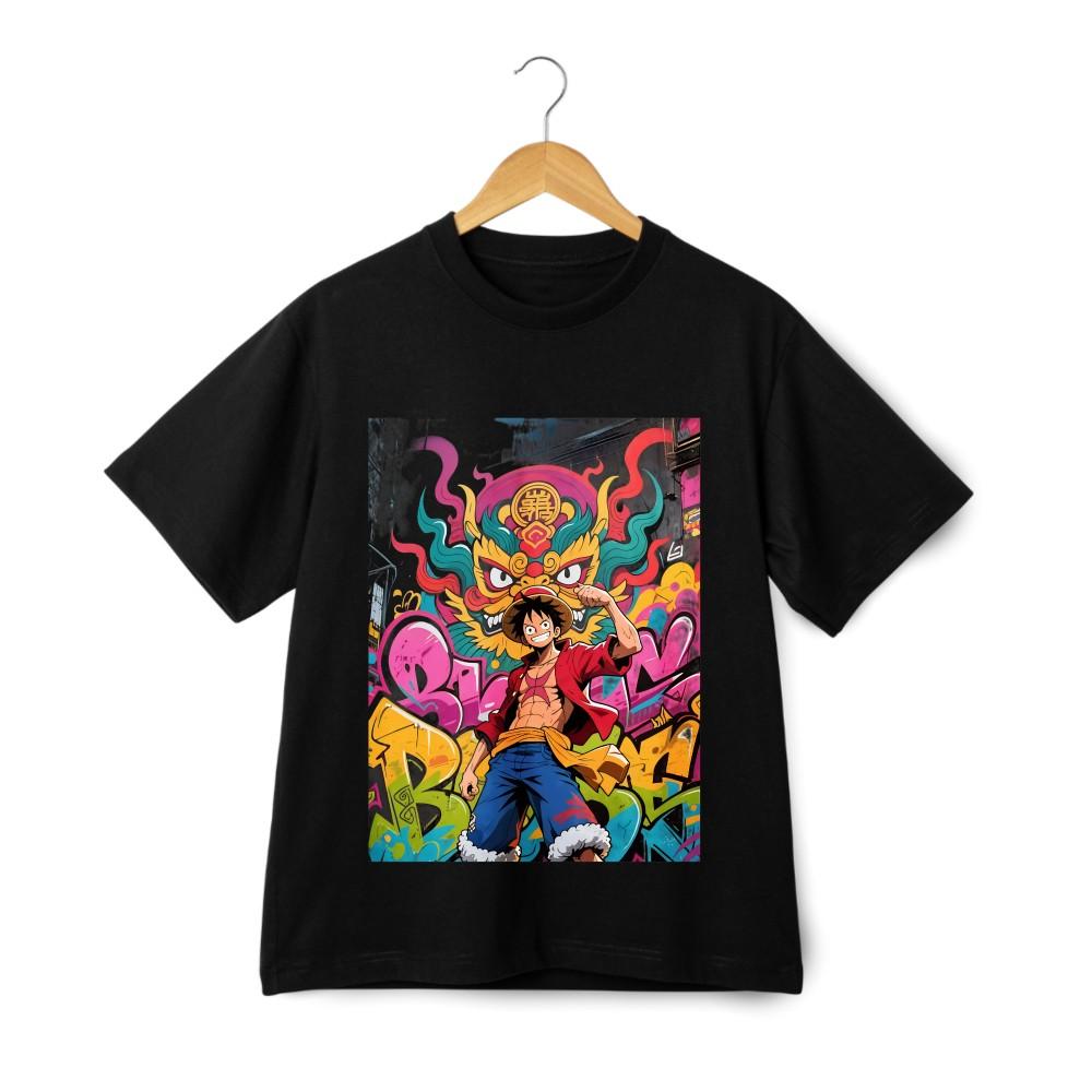 

One Piece Luffy Graffiti and Traditional Fusion Unisex T - Shirt| Black and White L