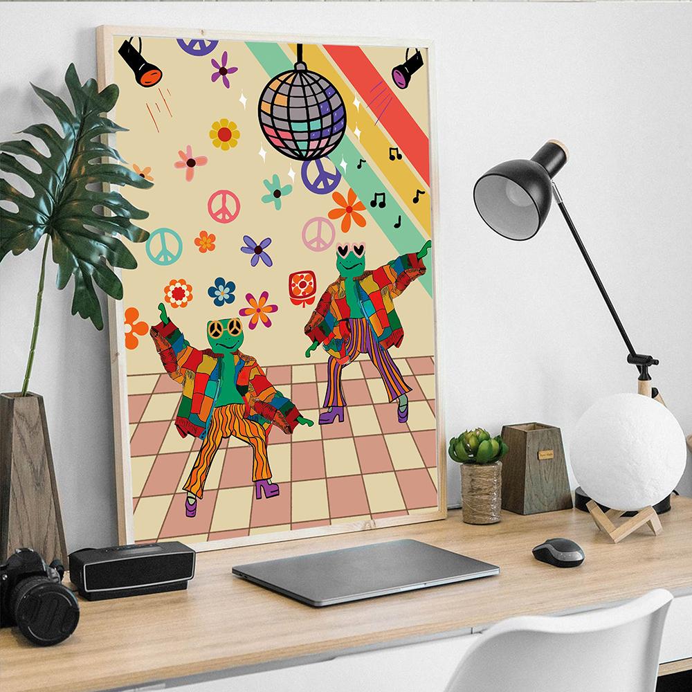 Frog Disco Funny Aesthetic Poster Pictures Retro 70s Groovy Hippie Ball Dancing Frogs Vintage Trippy Home Decor Wall Art Prints
