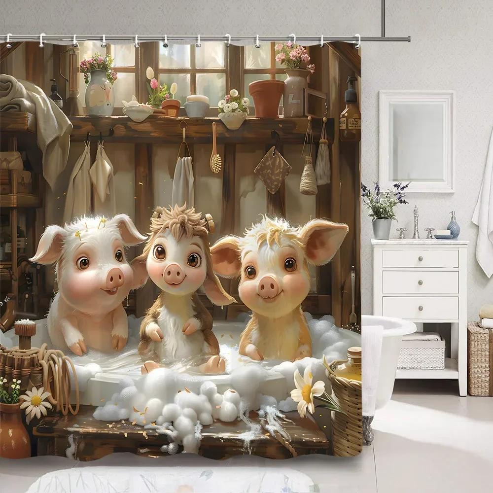 Urocza świnka w wannie Zasłona prysznicowa dla dzieci Zabawne kreskówkowe zwierzęta Rustykalna drewniana deska Poliestrowa tkanina Zasłona prysznicowa Dekoracja łazienki