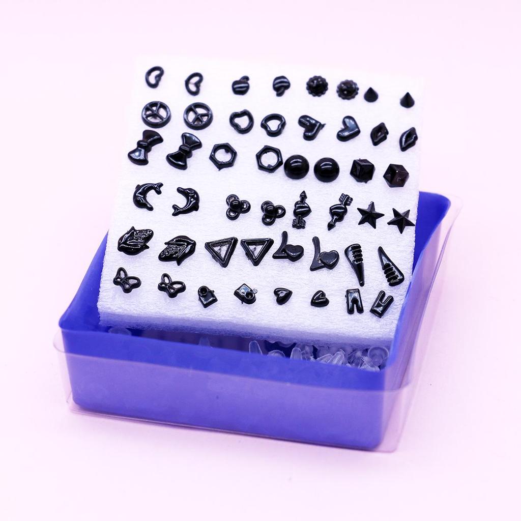 Boxed Set of 24 Mini Stud Earrings: Gold, Silver & Black with Plastic Posts